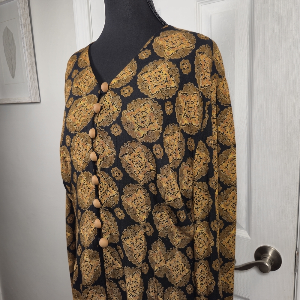 Vintage MSXY Gold Tapestry Blouse Black Metallic Geometric Circle Print Top L - Picture 3 of 6